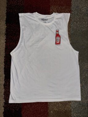 Heinz White Sleeveless T-Shirt Tank Top with Red Ketchup Bottle Front Patch XL